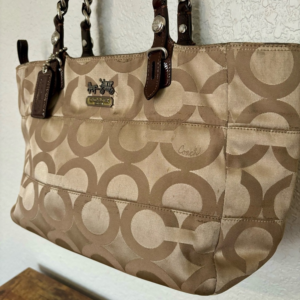 Coach Canvas Leather Tote Madison Tribeca Op Art Small Gold Tan Brown Pink Satin - Picture 5 of 15
